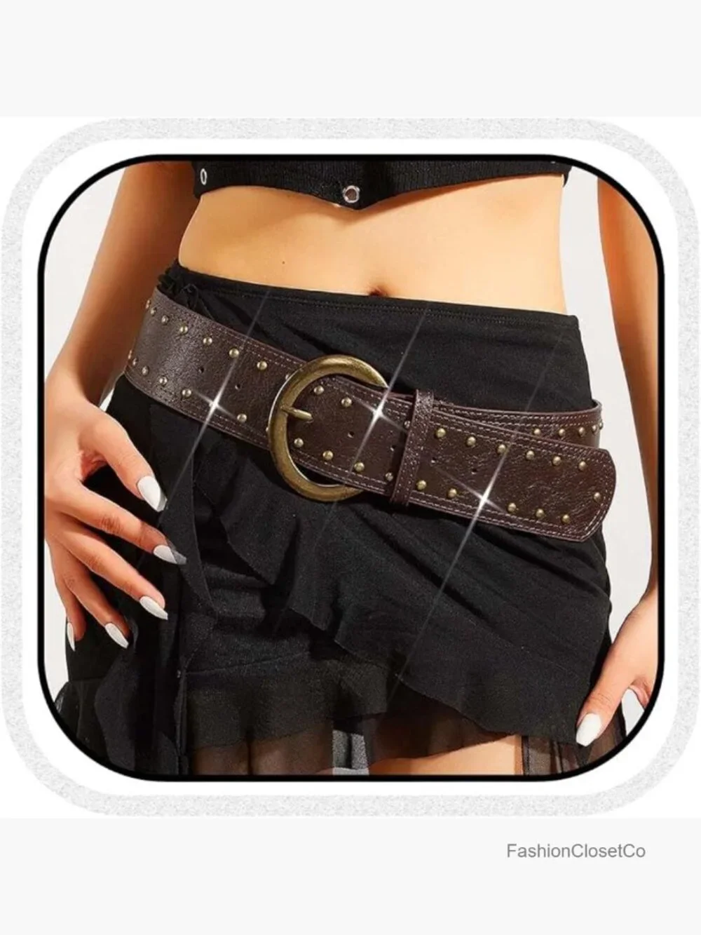 Wide Studded Chunky Leather Belt with Metal Buckle for Women